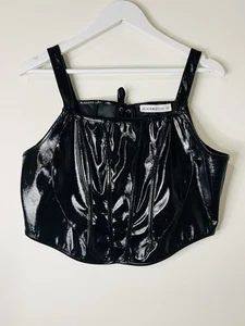 Black Friday Lace Up Corset Black Faux Leather With Ribbon AU12 US8 Gothic Punk - Picture 1 of 7