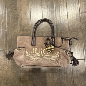 Juicy Couture Y2K Handbag Dark Beige Velour Shoulder Bag Purse Vintage 2000s - Picture 1 of 21