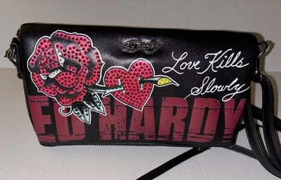New Ed Hardy Love Kills Slowly Black Red Rhinestone Clutch Crossbody Bag Rose - Image 1 of 4