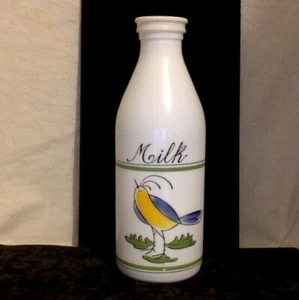 Vintage Milk Glass Milk Bottle. Hand Painted Bird on Front. Holds 1 Quart. - Picture 1 of 6
