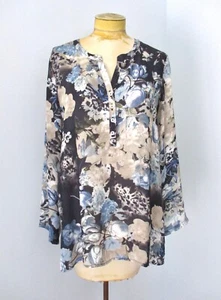 Soft Surroundings Blue Floral Silky Poly Sheer Chiffon Tunic Poet Blouse Top L - Picture 1 of 8