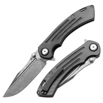 Kansept Knives Pretatout Folding Knife 3.56" Damascus Steel Blade CF/G10 Handle