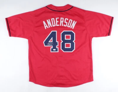 Camiseta deportiva firmada por Ian Anderson de los Bravos (JSA COA) Atlanta 2021 novato lanzador titular Foto 1 de 4