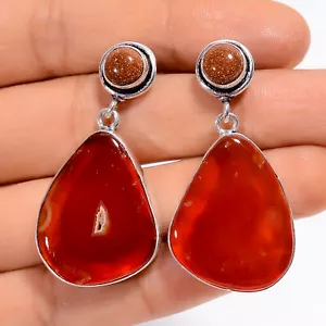 Carnelian Golden Sandstone Gemstone 925 Silver Handmade Earrings 1.6" ARE-5094 - Picture 1 of 3
