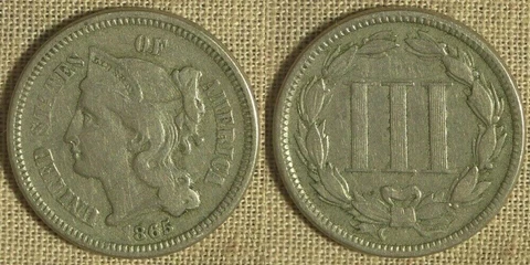 Error: 1865 3 ct. Nickel Double Die Obv. FF-DDO-01 IREC714 Cover