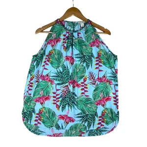 Saint Tropez West Floral Sleeveless Halter Top Tropical Print Blue Large Aloha - Picture 1 of 11