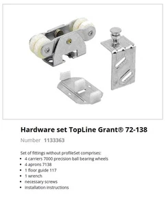 GRANT/HETTICH #72-138 BI-PASSING 1-3/8" TWO-DOOR HARDWARE SET, BALL-BEARING - Picture 1 of 1