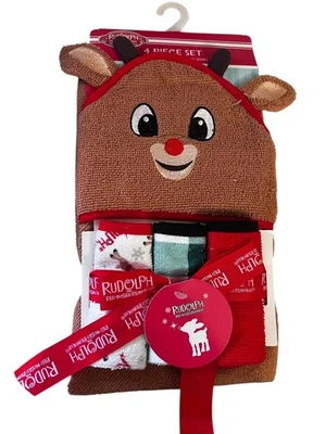 Juego de 4 paños de lavado con capucha Rudolph el reno nariz roja bebé Foto 1 de 4