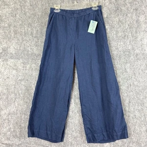 FRANK & EILEEN Marineblau Leinen Pull On Elastische Taille Weites Bein Crop Hose Taschen - Bild 1 von 12
