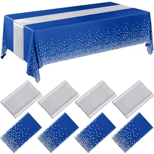 8 Pack Navy Blue and Silver Disposable Plastic Tablecloths and Satin Table Ru... - Picture 1 of 6