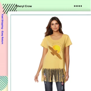 Sheryl Crow, Fringed Graphic Tee, "Everybody gets High...", Tan, Small - Picture 1 of 1