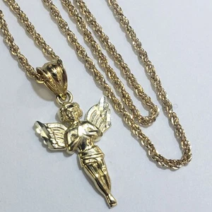 Real 10k gold angel pendant rope chain charm set necklace  - Picture 1 of 3