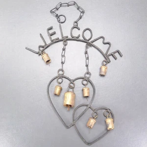 Rustic Iron Metal Welcome Hanging Sign Valentine Hearts Bells 12" - Picture 1 of 7
