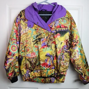 VTG Bogner Satin Printed Pullover Jacket Insulated Lined Gold Purple Black Sz 6 - Picture 1 of 9