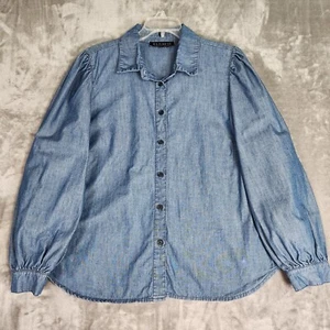 Blusa Eloquii Mujer 20 Azul Denim Cuello Manga Larga Globo Botón Casa de Campo - Imagen 1 de 10