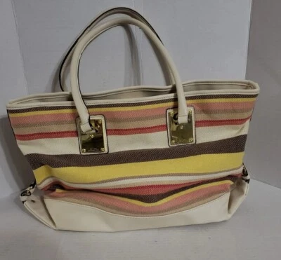 London Fog Purse Tote Brown Cream Striped Canvas w Faux Camel Leather Trim  - Image 1 of 4