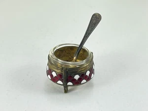 Vintage Red Enamel Cloisonne Russian Hommet Ommet Open Salt Cellar w/Spoon - Picture 1 of 10