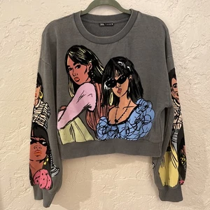 Zara Female Motive Artsy Graphic Crop Crewneck Sweatshirt Women’s Gray SZ L - Picture 1 of 13