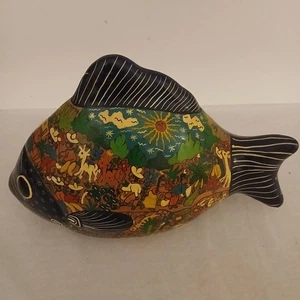 Talevera arte popolare ceramica pesce 10" × 7" Messico dipinto a mano vintage Oaxaca - Foto 1 di 12