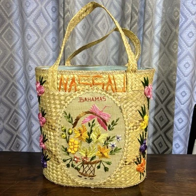 Nassau Bahamas Woven Tote Bag Handbag Beach Basket Raffia Straw Handmade 15” - Image 1 of 4