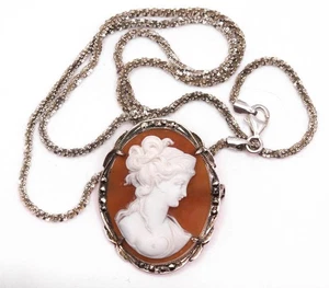 Vintage, Sterling Silber, Markasit, Kamee Muschel, Anhänger/Brosche an Kette - Bild 1 von 5