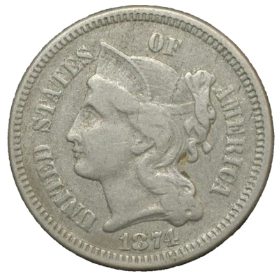 1874 US Three Cent Nickel 3 cent type coin - Image 1 of 2