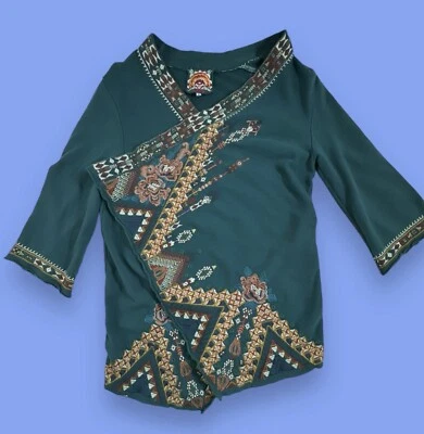 Johnny Was Manderin Aztec Embroidered Teal Cozy Asymmetrical Topper Cardigan M - Image 1 of 4