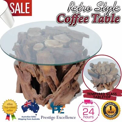 Retro Style Glass Coffee Table Wooden Teak Living Room Furniture Round Clear Top - image 1 of 4