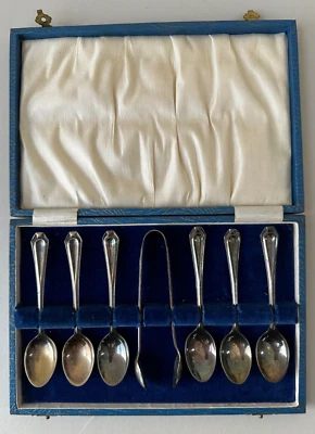 6 cucharas de té y pinzas tapas de cardo plato y caja de plata Foto 1 de 3