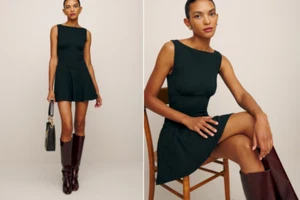 REFORMATION Black Mayve Organic Cotton Knit Fit Flare A-Line Mini Dress L = 10 - Picture 1 of 3