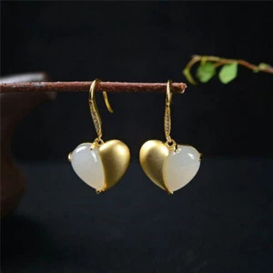 White Jade Heart Earrings Talismans Jewelry Natural Women Gemstone 925 Silver - Picture 1 of 5