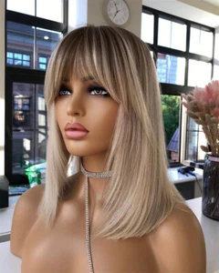 Short Bob Ombre Blonde Lace Front Wig with Bangs 100% Human Hair Wigs Dark Roots - Picture 1 of 8