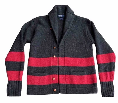 复古 Polo Ralph Lauren 羊毛披肩领开衫黑色带红色条纹 — 第 1/4 张图片