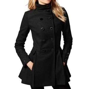 Calvin Klein Damen 4P Schwarz Wolle Schößchen Zweireiher Mantel Dark Academia - Bild 1 von 8
