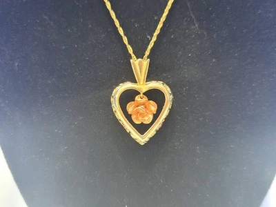 Vintage 10K Black Hills Gold Heart Pendant Necklace with Rose on GF Chain - Image 1 of 4