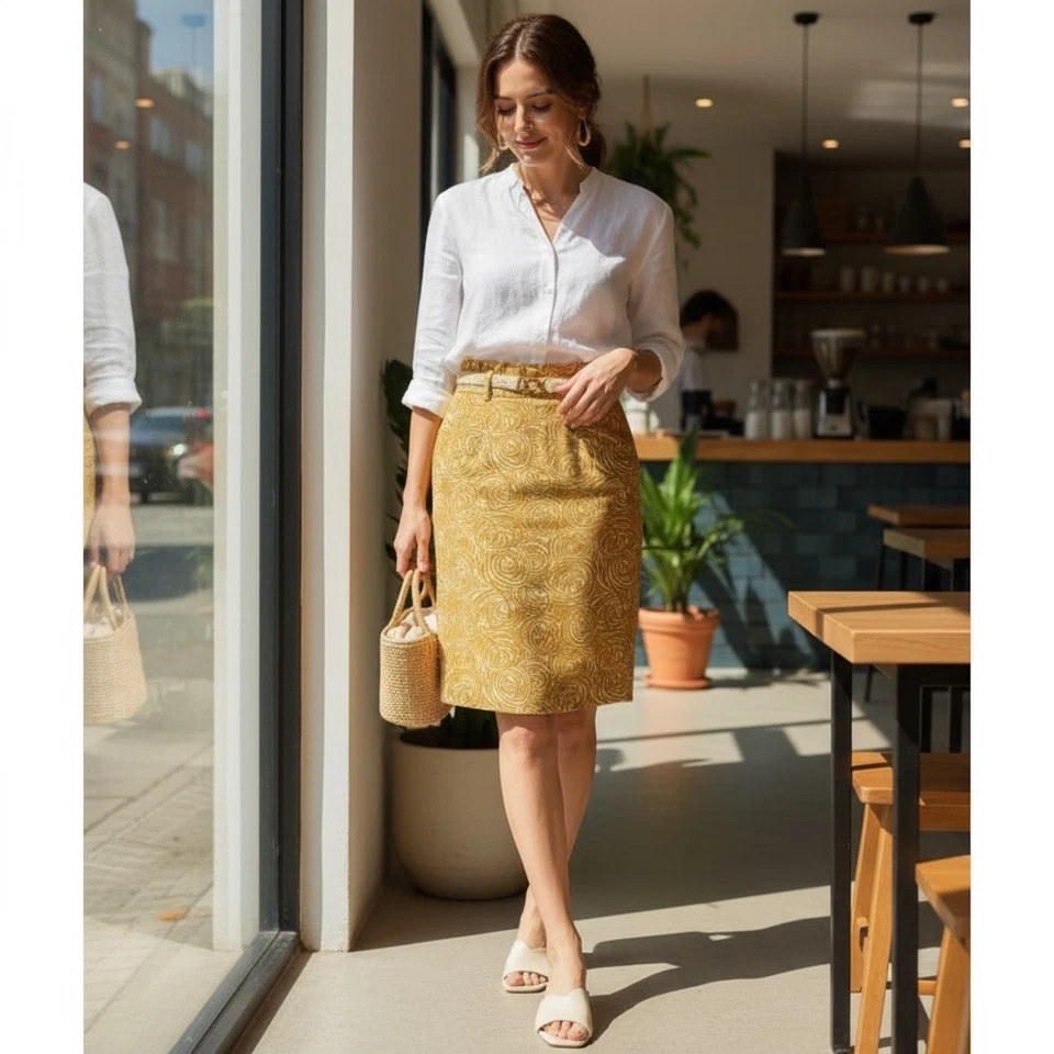 Saia matinal Anthropologie ELEVENSES pintada a ouro com cinto estampa redemoinho tamanho 0 - Imagem 1 de 4