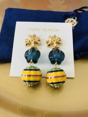 Pendientes Tory Burch Roxanne Doble Gota Oro/Azul Declaración Nuevos Foto 1 de 4