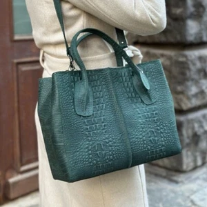 GENUINE Leather Handbag for Women Embossed Crocodile Imitation Sholder Bag Tote - Picture 1 of 18