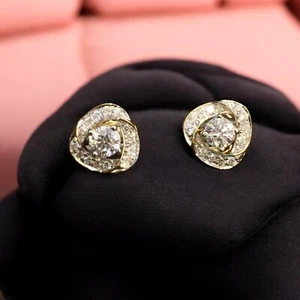Pave 0.90 Cts Round Brilliant Cut Diamonds Solitaire Stud Earrings Fine 18K Gold - Picture 1 of 5
