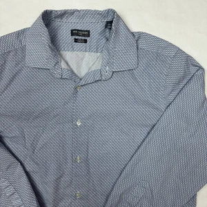 Van Heusen Shirt Mens Large Flex Slim Fit Stretch Geometric White Blue - Picture 1 of 9
