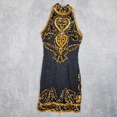 Vintage 80s Beaded Dress Size S Black Silk Sequin Mock Neck Sleeveless Gatsby - Image 1 of 4