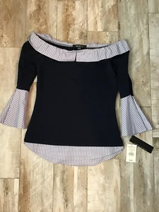 Damen Heart Soul Blau Schulterfreies Langarmshirt mit Nadelstreifen Gr. M - Bild 1 von 5