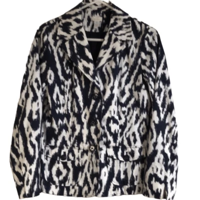 Chico's Eileen Blazer Jacket Size 4 Ikat Print lined button front navy and white - Image 1 of 4