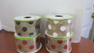 Floral Garden ~Lot of 4 BURLAP POLKA DOT RIBBON~ 1.5" Wide ~9' each - Image 1 of 4