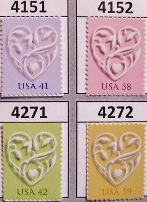 Silver Wedding Hearts Complete Set of 4 MNH Stamps Scott's 4151 4152 4271 & 4272 - Image 1 of 2