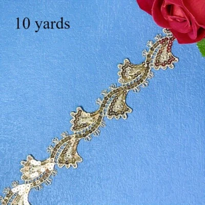 10 Yards Gold Leaf Sequin Lace Trim Edge Embroidery DIY Sewing Craft 2.5cm - image 1 of 4