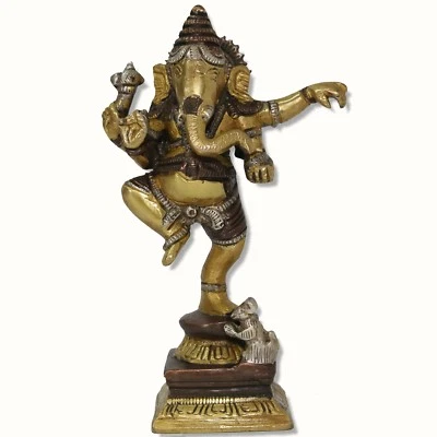 Statua Di Ganesh Danza In Metallo 16 Cm 0,9 Kg India Ganesha Ganpati Ottone - Immagine 1 di 4