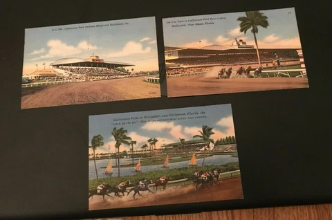 3 vintage linen Gulfstream Park (Florida) racetrack postcards Cover