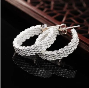 NEW SMALL MEDIUM 1" ROUND HOOP STERLING SILVER 925 MESH WEAVE EARRINGS - Picture 1 of 8
