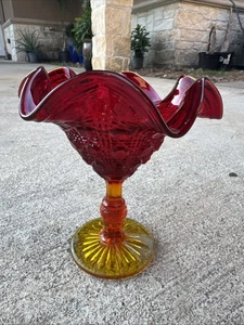 JEANETTE GLASS AMBERINA OCT HOBNAIL COMPOTE CANDY DISH RUFFLE EDGE - Picture 1 of 6